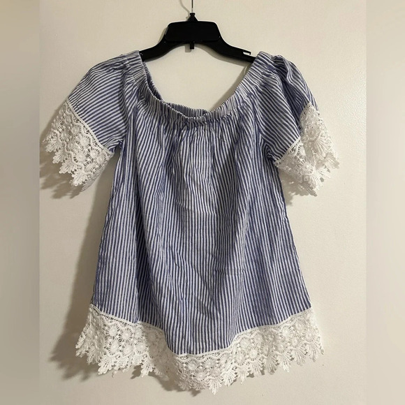 NWT Bishop & Young Small Blue and White Striped Off the Shoulder Top - Picture 2 of 5